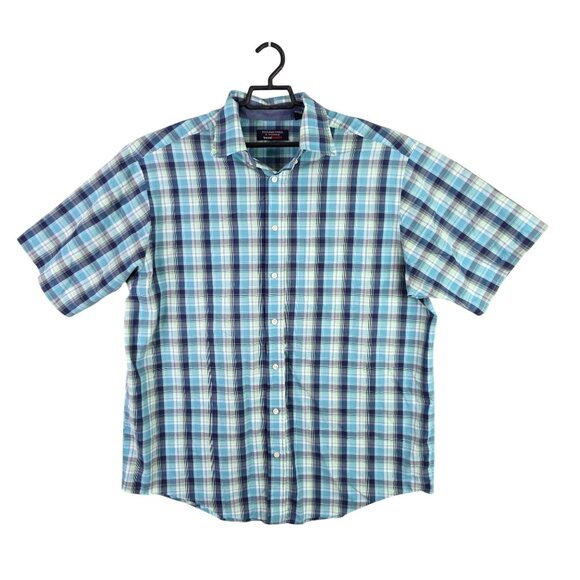 Mens Roundtree & Yorke Travel Smart Teal Plaid Shirt Button Up Short Sleeve XLT - Picture 1 of 7
